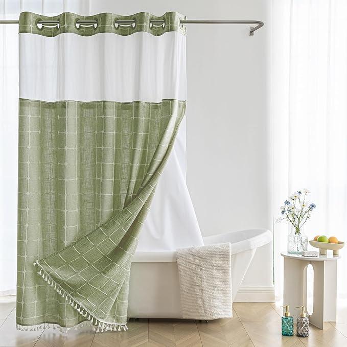 River Dream Sage Green Farmhouse Shower Curtain with Snap-in Liner, No Hooks Needed,with Magnets,with Tassels,Water Repellent&Machine Washable,71x86Inch - ModernBath