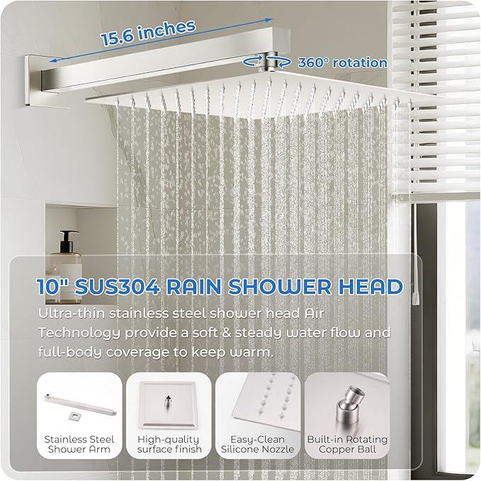 RNDIOZD Brushed Nickel Shower Faucet Set, 10 inch Rain Shower System w/Pressure Balance Valve, Wall Mounted 2-Functions Bathroom Shower Systems w/Rain Shower and Handheld Spray Shower Trim Included - ModernBath