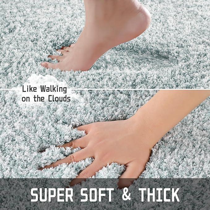 Yimobra Bathroom Rug Set 2 Piece, Soft Absorbent Microfiber Bath Mat Set, Non Slip Machine Washable Dry, Plush Shaggy Shower Rugs for Bathroom Floor, 32"x20"+24"x17", Sky Light Blue & White - ModernBath