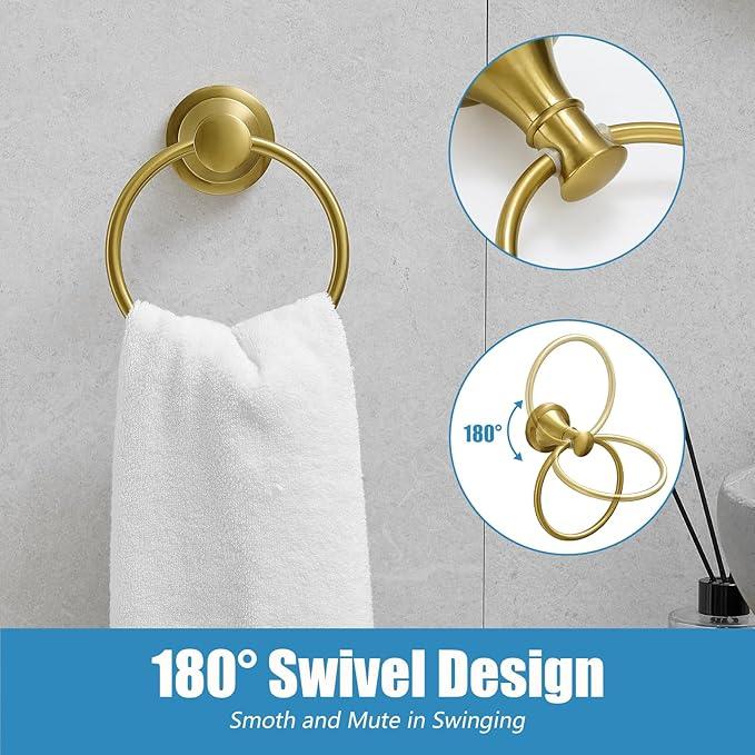 RUMOSE Toilet Paper Holder and Hand Towel Ring Brushed Gold Wall Mount Bathroom Hardware Accessories 2 PCS Set Flexible Pivoting Toilet Tissue Roll Holder and Towel Hanger, Stainless Steel - ModernBath
