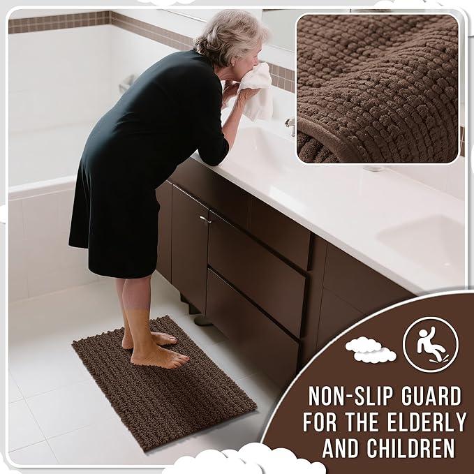 Yimobra Bathroom Runner Rug 55x24 Inch - Extra Long Non Slip Chenille Bath Mat, Soft & Absorbent, Machine Washable Shaggy Hallway Carpet for Vanity Tub Shower, Brown Home Decor Accessories - ModernBath