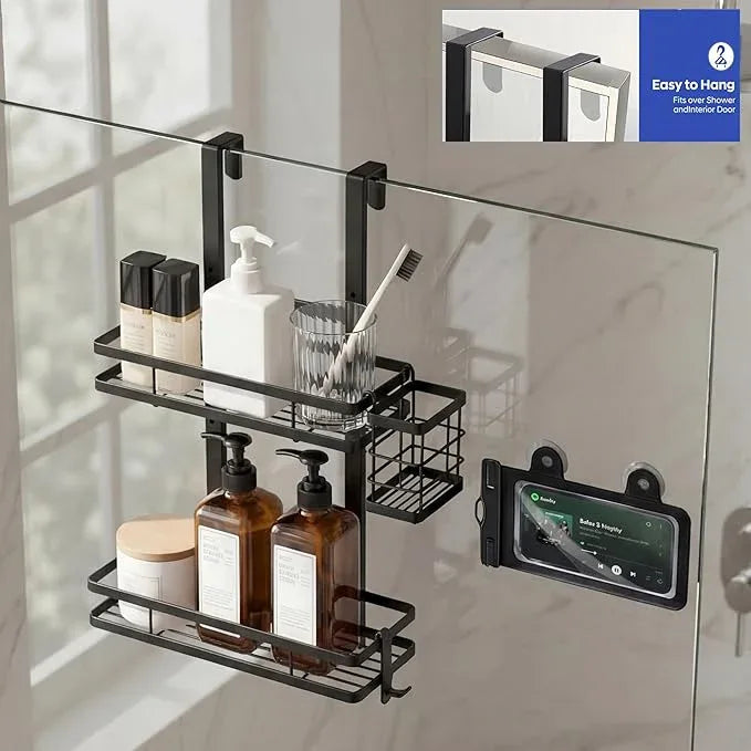 WEYALLE Over the Door Shower Caddy Hanging, Rustproof Shower Shelves with Waterproof Phone Pouch, 2-Tier Adjustable Bathroom Organizers and Storage, No Drilling Shower Shelf, Black Shampoo Soap Holder - ModernBath