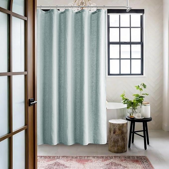 Jowels Blue Linen Shower Curtain, Boho Farmhouse Shower Curtain Set for Bathroom, 200GSM Luxury Weighted Water Resistant Fabric Textured Shower Curtains with 12 Metal Hooks, 72Wx78H - ModernBath