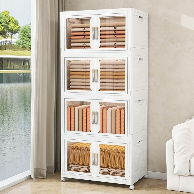 Large Stackable Storage Bins with Lids, 440QT-110QT*4Tier Foldable Cabinet for Closet Organizers, Plastic Storage Containers Box with Wheels - ModernBath