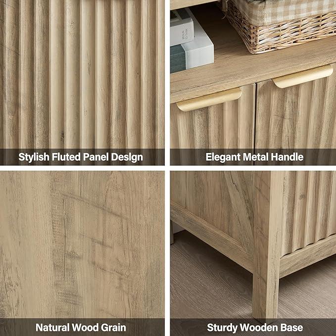 Buffet Cabinet with Storage - Modern Farmhouse Rustic 32 Fluted Sideboard Storage Cabinet Buffet with Adjustable Shelves, Coffee Wine Bar Organizer for Dining Room (Sunwashed Ash Oak) - ModernBath