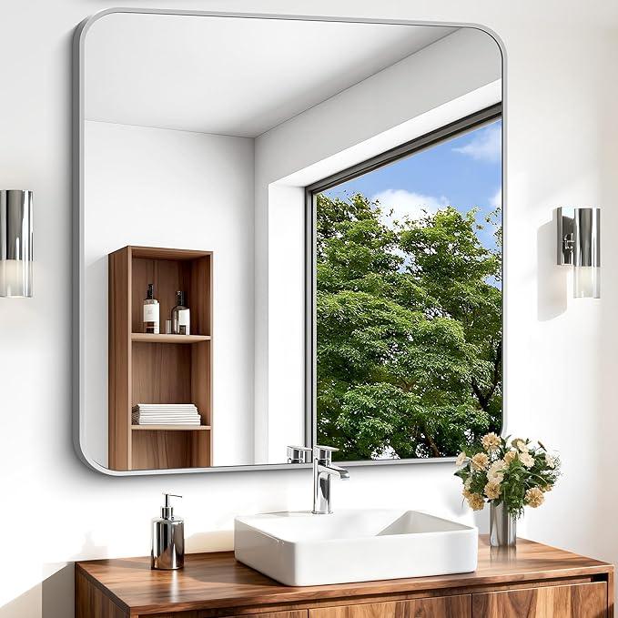 CIVENO Silver Bathroom Mirror, 36 x 36 Inch Square Mirrors for Wall, Aluminum Metal Framed Vanity Mirror, Rounded Corner Wall Mounted Mirror for Over Sinks Living Room Bedroom Entryway - ModernBath