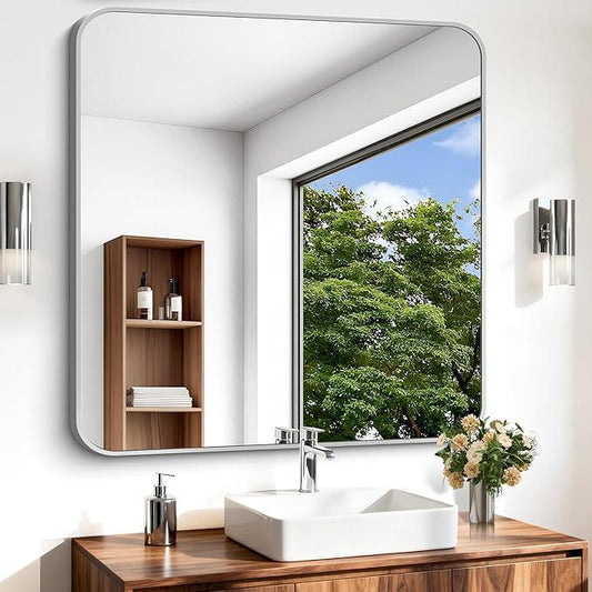 CIVENO Silver Bathroom Mirror, 36 x 36 Inch Square Mirrors for Wall, Aluminum Metal Framed Vanity Mirror, Rounded Corner Wall Mounted Mirror for Over Sinks Living Room Bedroom Entryway - ModernBath