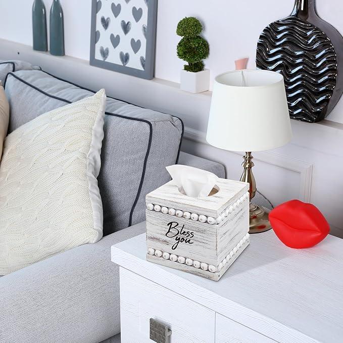 Yiyiring Bless You Beaded Square Tissue Box Cover, Rustic Farmhouse Vintage Wooden Tissue Holder White Box Distressed Napkin Holder for Table Bathroom Decor - ModernBath