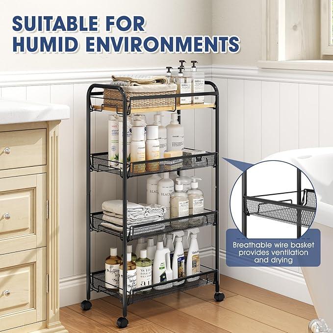 TOOLF 4-Tier Rolling Cart, Metal Utility Cart, Slide Out Storage Cart with Wooden Tabletop and Mesh Baskets, Easy Assemble Trolley for Kitchen Bathroom Laundry Room Bedroom Apartments Dormitory - ModernBath