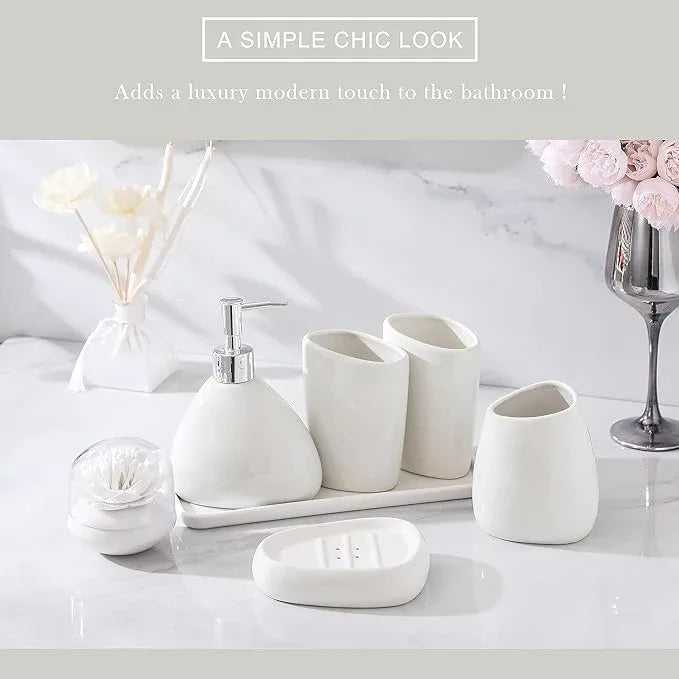 BLBYHO Ceramic Bathroom Accessory Set, 7 Pieces Countertop Accessories, Include Soap Dispenser, Toothbrush Holder, 2 Tumbler Cup, Soap Dish, Plastic Vanity Tray, Qtip Holder (White) - ModernBath