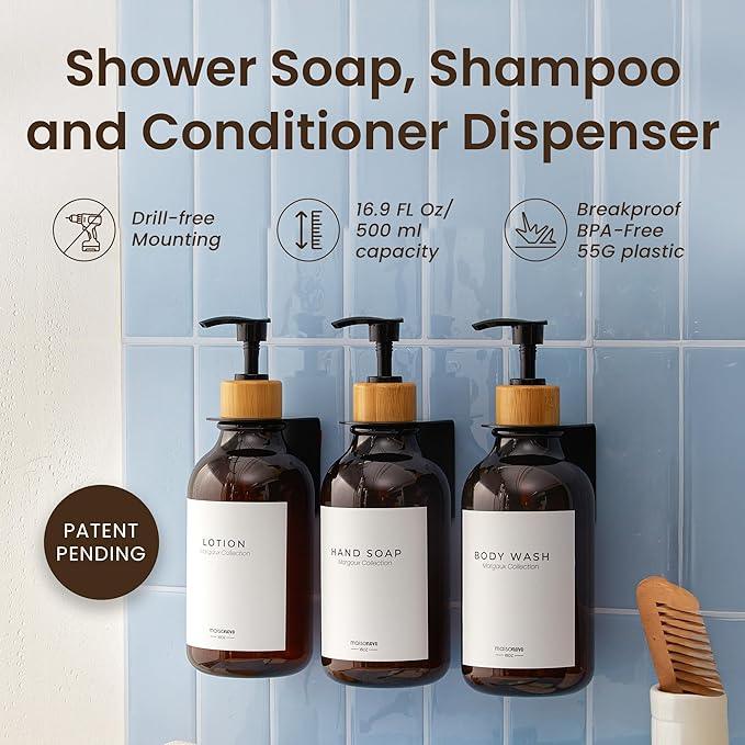 MaisoNovo Shampoo and Conditioner Dispenser - Shower Soap Dispenser Wall Mounted - 16.9 fl oz Set of 3 Amber Plastic Bottles Black Bamboo Pump - Shampoo Dispenser, Shower Dispenser 3 Chamber No Drill - ModernBath