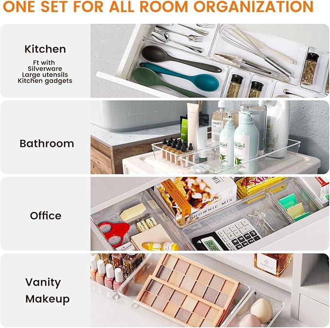 Criusia 36 Pack Large Clear Plastic Drawer Organizer Bins - 6 Size Acrylic Kitchen Drawer Organization and Storage for Utensils Gadgets, Office Bathroom and Vanity Organizer for Makeup Accessoires - ModernBath