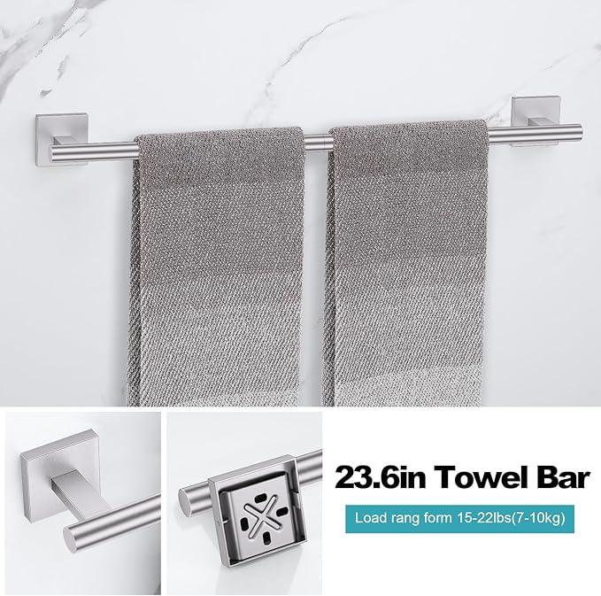 Brushed Nickel Bathroom Hardware Accessories Towel Bar Set, 10 Pieces Bathroom Towel Bar Holder Set, 23.6 Inch Stainless Steel Toilet Paper Holder Towel Racks for Bathroom Wall Mounted - ModernBath
