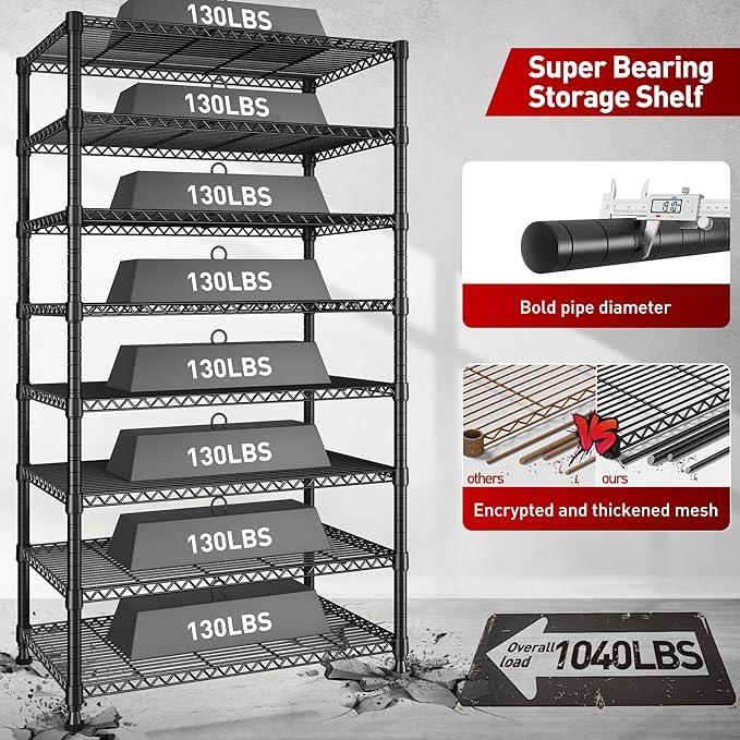 REIBII 8 Tier Metal Shelving 75"H Storage Shelves Tall Wire Shelving Unit Adjustable Detachable Storage Shelves for Laundry Pantry Kitchen Commercial school 1040LBS Storage Rack 75"H X 35"W X 14"D - ModernBath