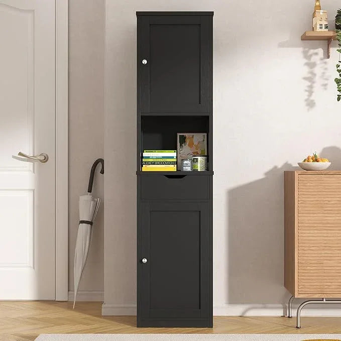 Vongrasig Tall Bathroom Storage Cabine, 64”H Freestanding Storage Pantry Cabinet, Narrow Cabinet with Adjustable Shelves, Open compartments for Small Spaces, Bathroom, Living Room, Kitchen, Black - ModernBath