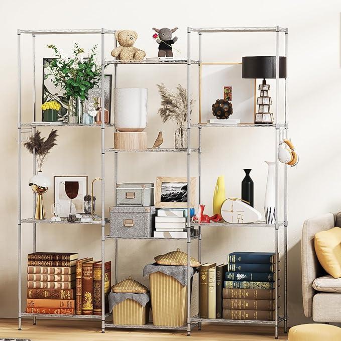 Homdox 6-Tier Storage Shelf Wire Shelving Unit Free Standing Rack Organization with Adjustable Leveling Feet, Stainless Side Hooks, Silver - ModernBath