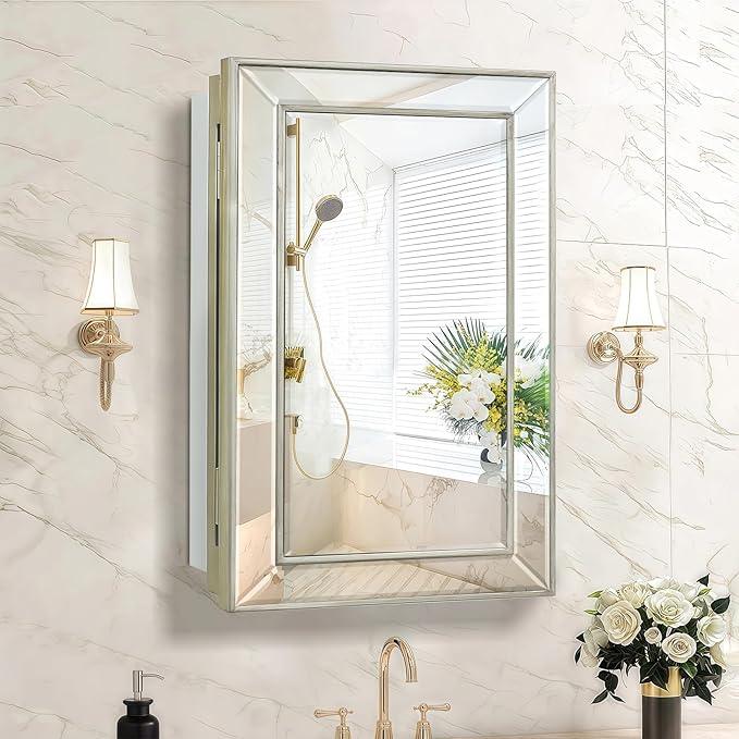 Medicine Cabinet with 16.2"x26" Mirror, Removable Shelves, Recessed or Wall Mounted Bathroom Cabinet, Silver Bathroom Vanity Mirrors for Over Sink with Storage - ModernBath