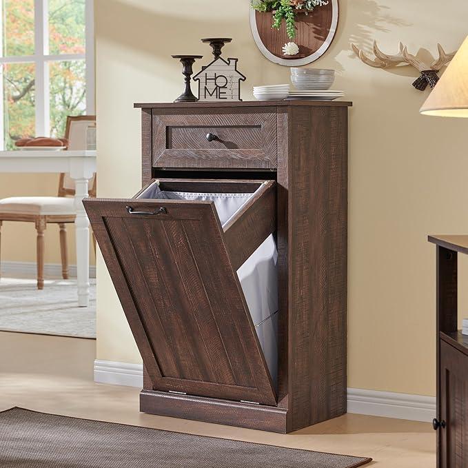 Tilt Out Laundry Hamper Cabinet, 10 Gallon Farmhouse Trash Can Cabinet with Drawer, Hidden Wood Garbage Can Bin Cabinet with Laundry Storage Basket for Bathroom, Kitchen, Brown - ModernBath