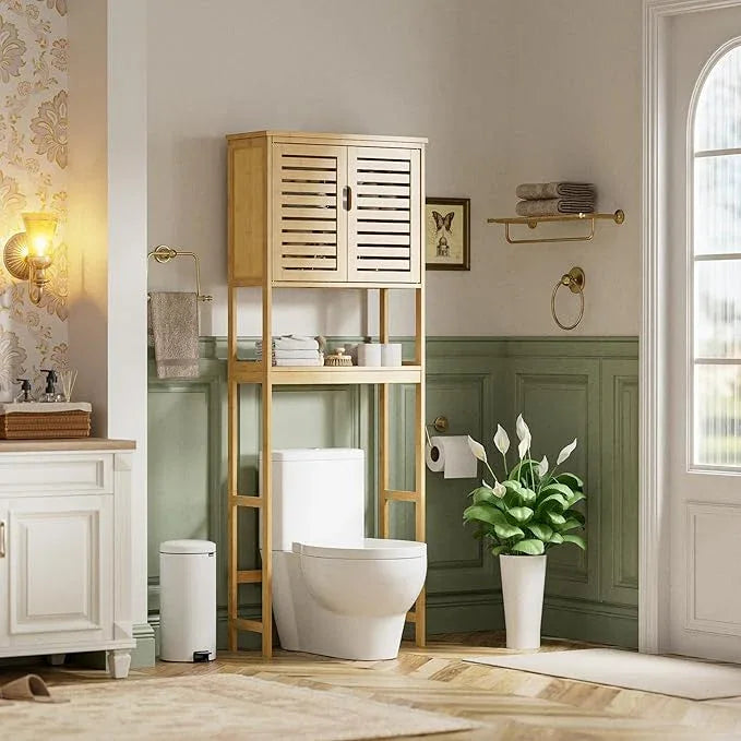 SMIBUY Bathroom Over The Toilet Storage Cabinet, 2 Door Bamboo Cabinet Organizer, Freestanding Space Saver Toilet Rack with Adjustable Inside Shelf and Open Shelf (Natural) - ModernBath