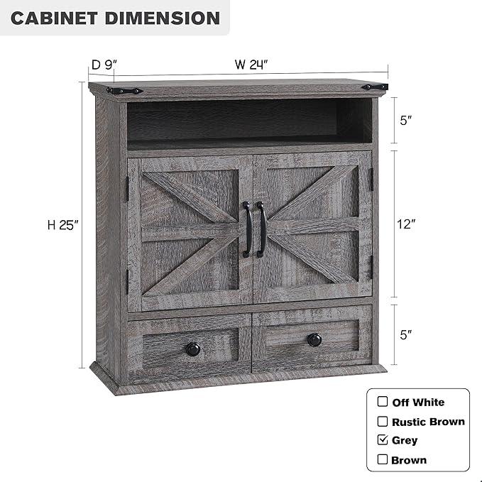 ACCOHOHO Bathroom Wall Cabinet, Farmhouse Medicine Cabinet, 24" Wide Cabinet with Drawer, Adjustable Shelf, Double Barn Doors, Storage Cabinet for Bathroom, Kitchen, Living Room, Grey Wash - ModernBath