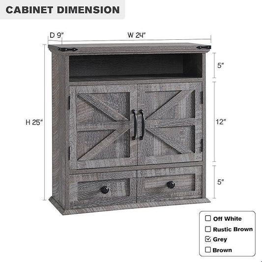 ACCOHOHO Bathroom Wall Cabinet, Farmhouse Medicine Cabinet, 24" Wide Cabinet with Drawer, Adjustable Shelf, Double Barn Doors, Storage Cabinet for Bathroom, Kitchen, Living Room, Grey Wash - ModernBath
