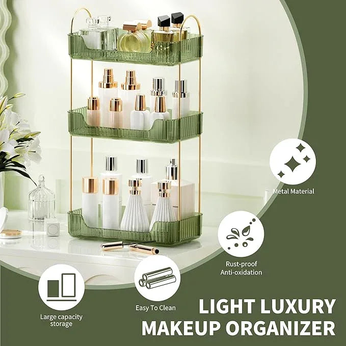 YCIA&DONE Bathroom Organizer Countertop, Makeup Storage, Skincare Cosmetic Tray Shelf, Perfume Holder Rack for Vanity Counter, Large Capacity, Easy to Install, Clean, 3 Tiers, Vintage Green - ModernBath