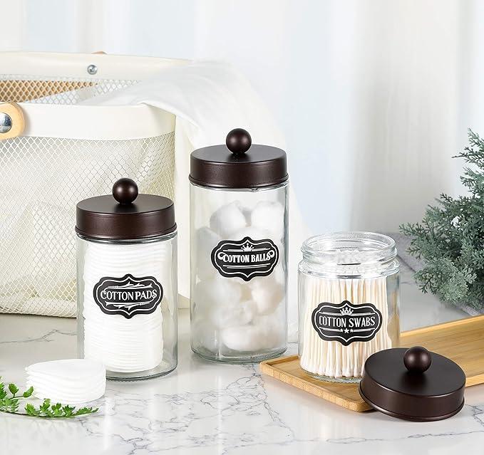 Apothecary Jars 3 Pack - Glass Bathroom Containers with Stainless Steel Lids - Rustic Farmhouse Decor Bathroom Accessories, Vanity Organizer Apothecary Jars for Qtip/Cotton Balls (Bronze) - ModernBath