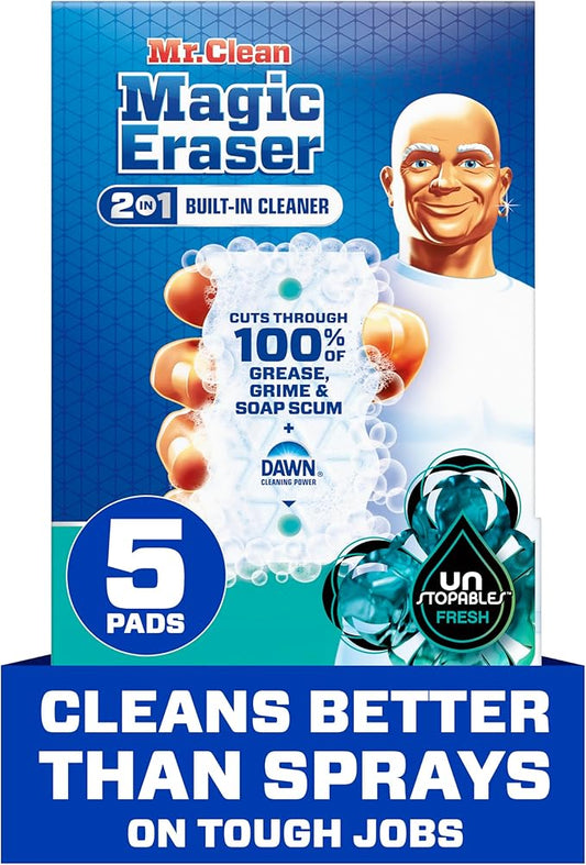 Mr. Clean Magic Eraser Foaming Sponge, All Purpose Cleaner, Dawn Cleaning Power, Wall, Sneaker, Oven Cleaner, Kitchen, Bathroom, Shower Cleaning Supplies, Scrubber, Ultra Foamy, 5ct