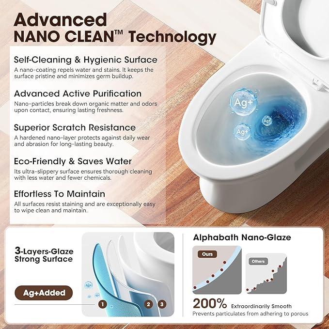 Alphabath 17" Comfort Height Toilet with Soft close seat, One piece Toilets for Bathrooms Elongated, Dual Flush 0.8/1.28 GPF, Nano Self-Cleaning Glaze, Easy to Clean&Install, ADA Height, 12" Rough-In - ModernBath