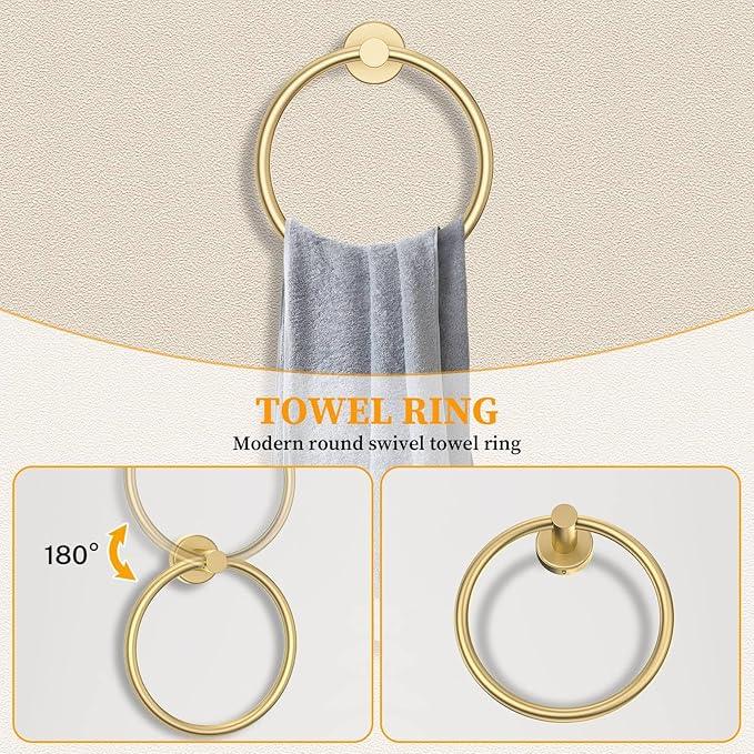 Brushed Gold Towel Bar Set 5 Pieces Round Bathroom Hardware Set Includes 23.6in Towel Bar Towel Ring Toilet Paper Holder Towel Hooks Stainless Steel Wall-Mounted Bathroom Towel Holder Set - ModernBath