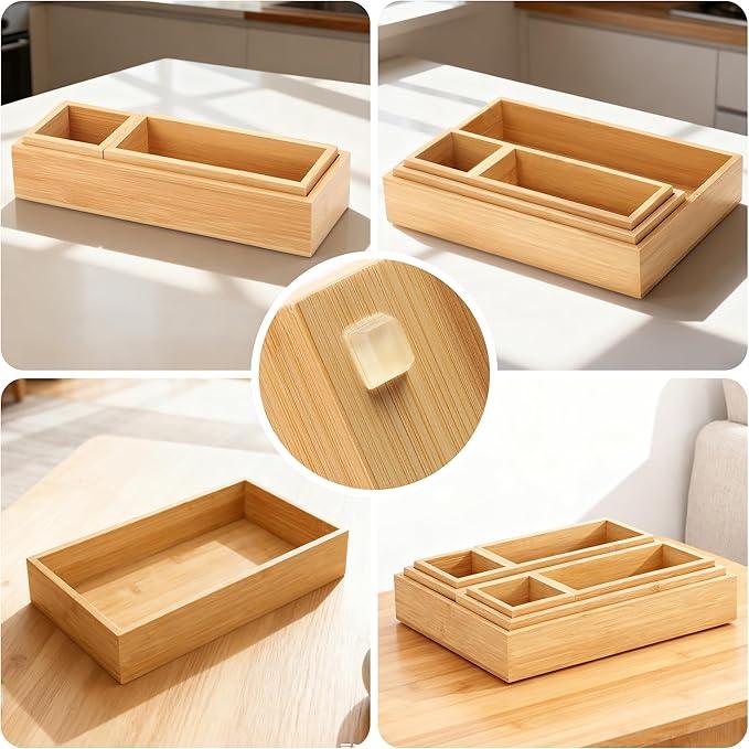 Bamboo Drawer Organizer Set, 14 PCS Multi-Use Individual Wood Storage Organizers, Junk Drawer Divider and Storage Trays Containers for Kitchen, Bathroom, Office Desk, Makeup, Jewelry, Utensils - ModernBath
