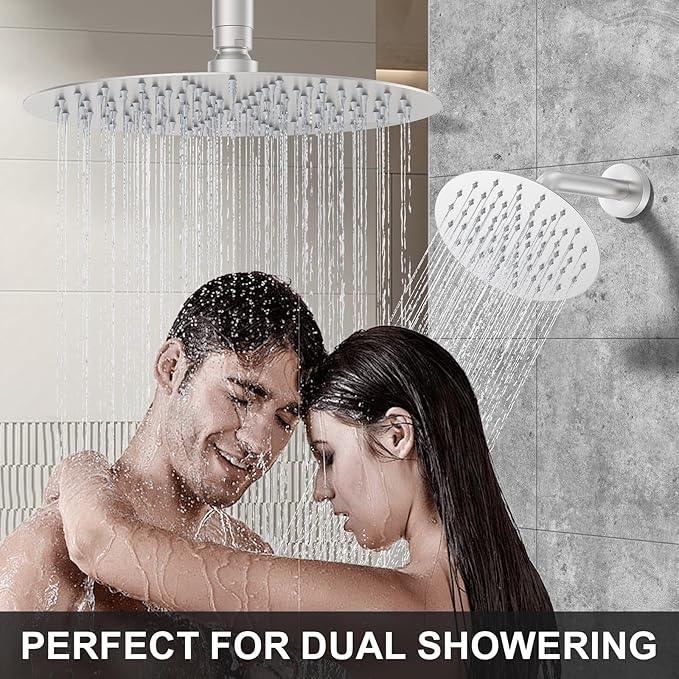 KOJOX Brushed Nickel Thermostatic Shower System, Push Button Diverter Shower Faucet Set with 12" Ceiling Mount Rain Shower, 8" Wall Mount Shower Head, and 3-in-1 Handheld Spray - ModernBath