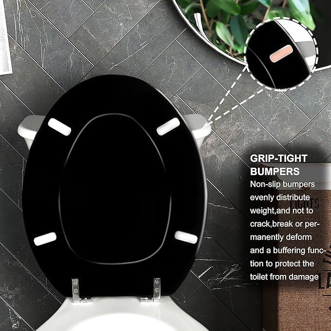 Black Elongated Toilet Seat Natural Wood Toilet Seat with Zinc Alloy Hinges, Easy to Install also Easy to Clean, Scratch Resistant Toilet Seat by Angol Shiold (Elongated, Black) - ModernBath