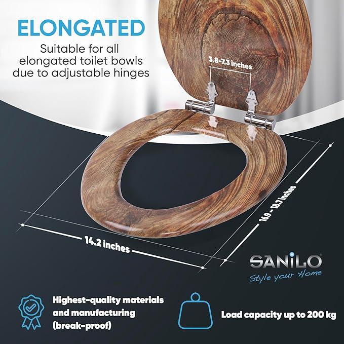 SANILO Wooden Toilet Seat with Soft Close [ELONGATED] - Decorative, Quiet & Slow Close Molded Wood Seat - With Strong Bumpers & Hinges - Adjustable Fit - Rustic - ModernBath