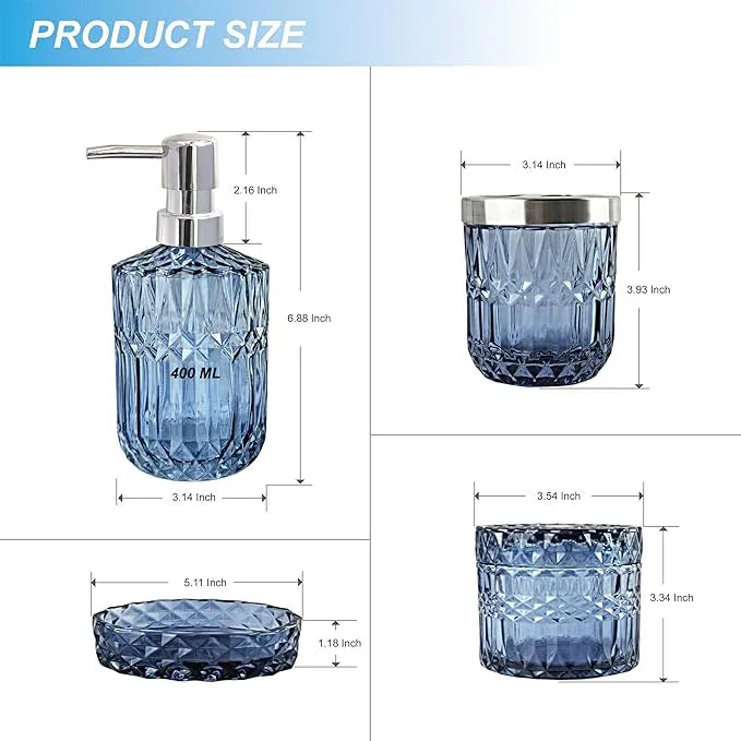 LaMarriti Blue Bathroom Accessories Set, 4Pcs Clear Glass Bathroom Accessories, Lotion Soap Dispenser Set, Toothbrush Holder, Qtips Holder, Soap Dish for Crystal Modern Bath Decor, Set - ModernBath