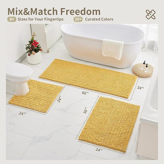 Ruggnovea Chenille Bathroom Rugs Non Slip Washable 55x24, Extra Thick Soft Absorbent Chenille Bath Mat, Non-Slip Barrier Backing, Quick Dry Machine Washable Bath Mats Tub, Shower,Floor/Sink,Yellow - ModernBath