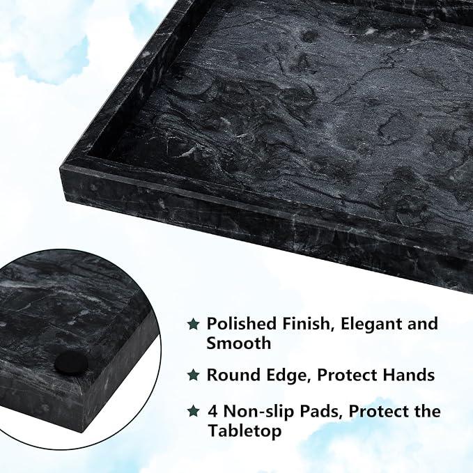 Zilukar Real Natural Marble Tray for Bathroom, Vanity, Kitchen and Desktop, Rectangle Genuine Marble Stone Tray for Jewelry, Cosmetics, Candles, Lotion, Perfume and Home Decor Black - ModernBath