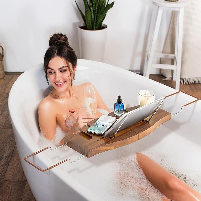 Teak Bathtub Tray Expandable Bathroom Tray for Home Spa Relaxation, Wooden Tray Caddy for Bathtub, Teak Bathtub Caddy as Unique Housewarming, Birthday, Wedding Shower Gifts. Light Walnut - ModernBath