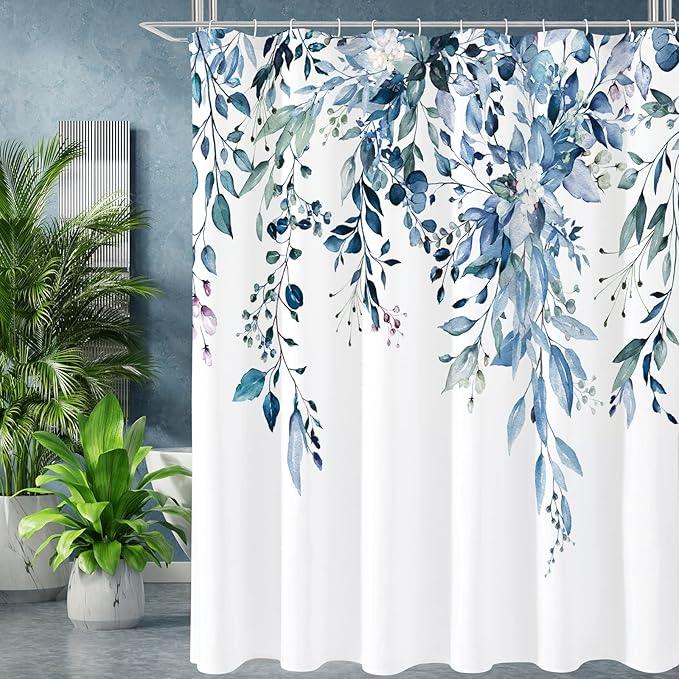 Gibelle Extra Long Shower Curtain 72 x 84, Blue Floral Shower Curtain for Bathroom, Watercolor Plant Eucalyptus Leaves Fabric Shower Curtain Set - ModernBath