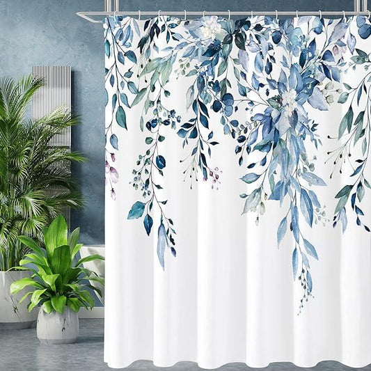 Gibelle Extra Long Shower Curtain 72 x 84, Blue Floral Shower Curtain for Bathroom, Watercolor Plant Eucalyptus Leaves Fabric Shower Curtain Set - ModernBath
