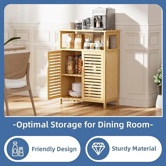 HITNET Bathroom Cabinet Freestanding, Bamboo Storage Cabinet 4-Tier Floor Cupboard with Door and Shelf for Bathroom, Kitchen, Hallway, Natural - ModernBath