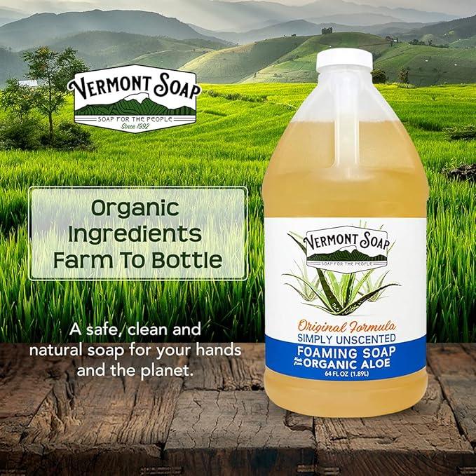 VERMONT SOAP Organic Unscented Foaming Hand Soap - Natural Moisturizing Soap for Dry Skin - Fragrance Free Liquid Bathroom Hand Soap - Simply Unscented - 64 oz - ModernBath