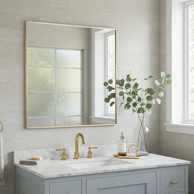 LEDLUX 30x30 Inch Gold Bathroom Mirror - Copper-Free Mirror, Aluminum Alloy Frame Vanity Rectangle Wall Mounted Modern Mirror for Bedroom/Living Room/Porch Horizontal or Vertical - ModernBath