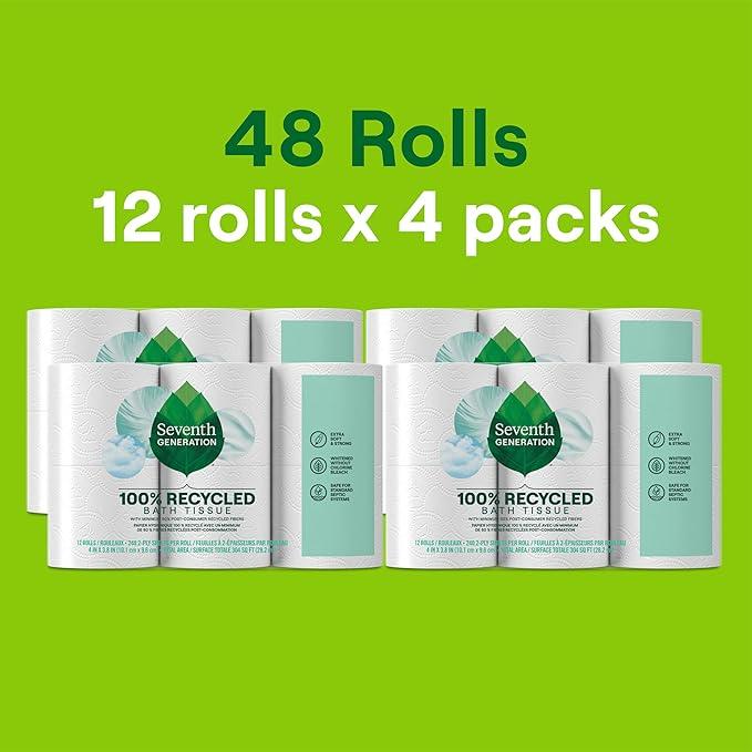 Seventh Generation Toilet Paper Recycled Bath Tissue 4-Pack 100% Recycled Paper 2-ply without Chlorine Bleach 12 Rolls - ModernBath
