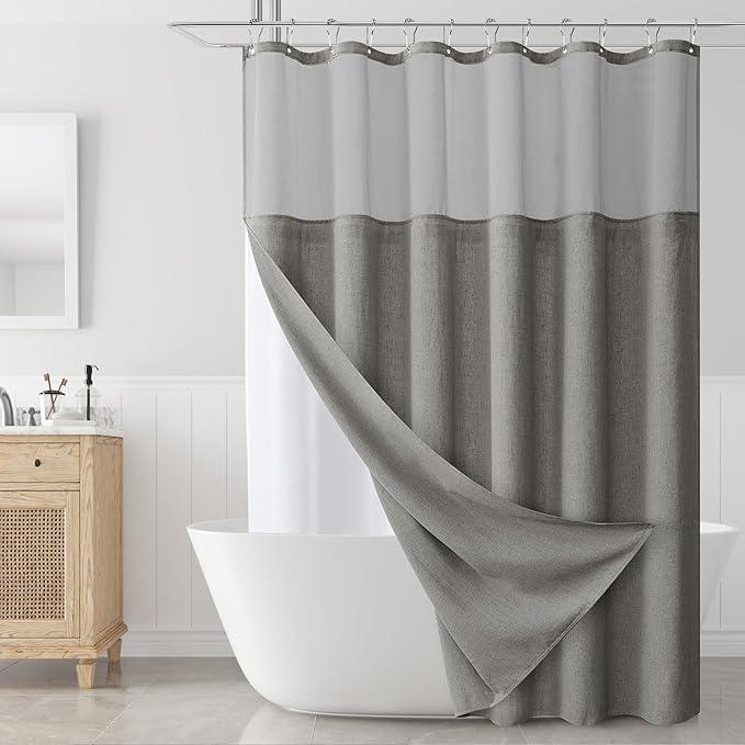 Naturoom Long Shower Curtain 84 Length Linen Thick Cloth Bath Grey Shower Curtain Set with Liner, Tall Modern Farmhouse Neutral Fabric Men Curtains for Bathroom, Mesh Top Window, Gray - ModernBath