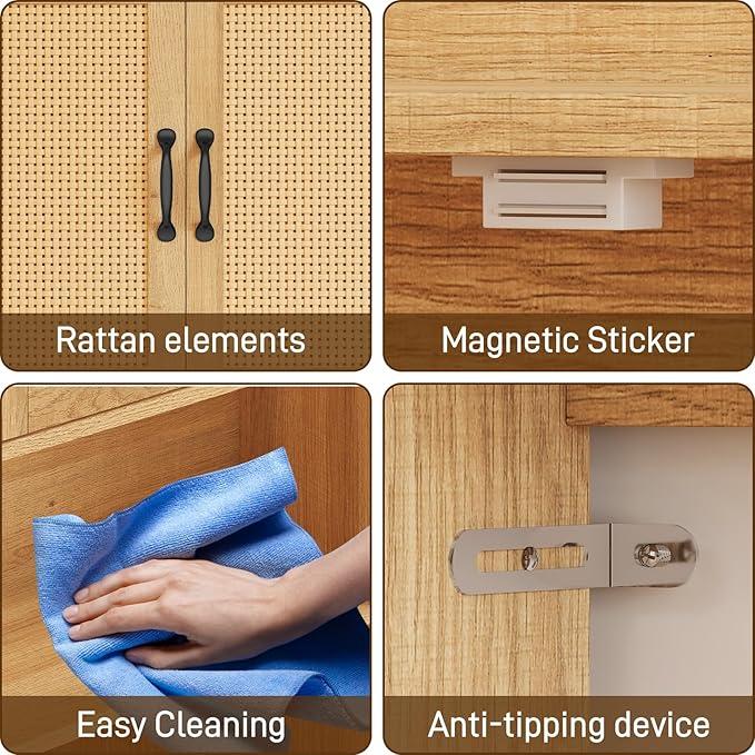 Vabches Farmhouse Style Rattan Over-The-Toilet Storage Cabinet with 2 Rattan Doors, Toilet Paper Holder - Space-Saving Oak Bathroom Organizer. - ModernBath