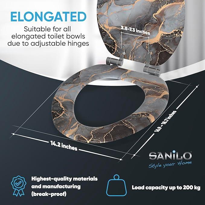 SANILO Wooden Toilet Seat with Soft Close [ELONGATED] - Decorative, Quiet & Slow Close Molded Wood Seat - With Strong Bumpers & Hinges - Adjustable Fit - Marble Abstract - ModernBath