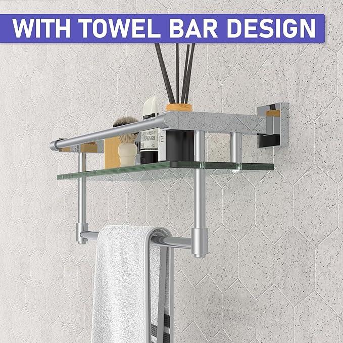 Glass Shelf for Bathroom 16 in Bathroom Shelves with Towel Bar Tempered Glass Shelves with Stainless Steel Towel Holder for Wall (Chrome Polished) - ModernBath