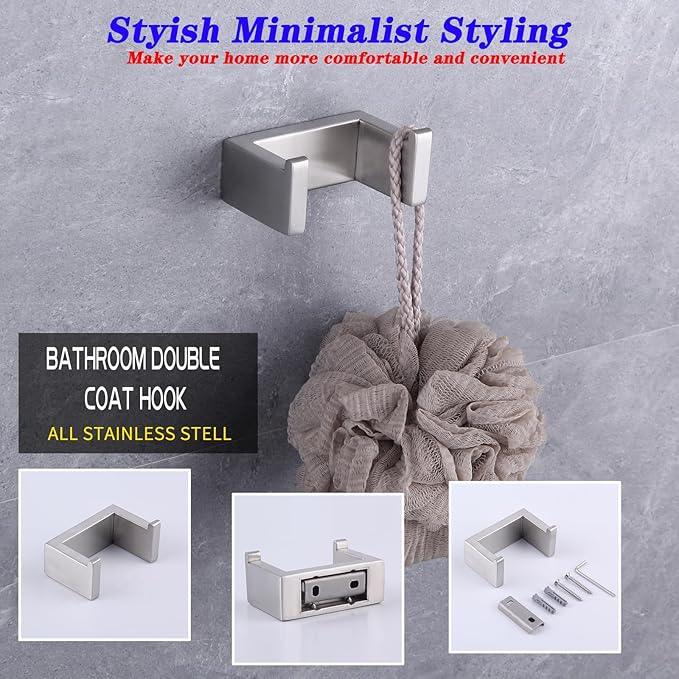 GERZWY Contemporary Stainless Steel Wall Mounted 3-Piece Bathroom Hardware Set - Towel Rings Toilet Paper Holder Towel Hooks, Brushed Finish HG1708-3LS - ModernBath