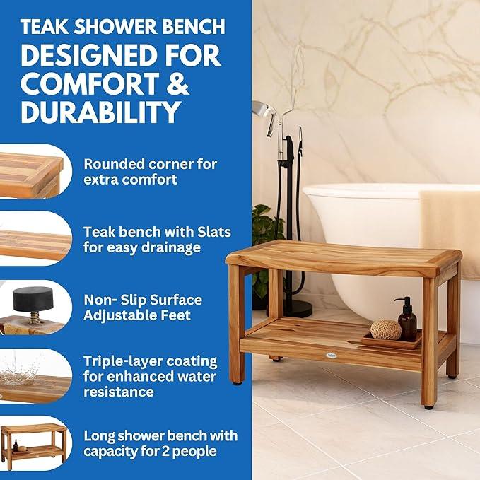 EcoDecors Eleganto 30 Inch Natural Color Waterproof Teak Wood Shower Bench Stool Seat Chair For Inside Shower Provides Safety, Storage, and Organization For Bathroom Accessories - ModernBath